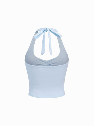 Cotton-Blend Halter Neckline Ruched Knotted Crop Tee