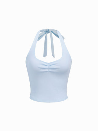 Cotton-Blend Halter Neckline Ruched Knotted Crop Tee