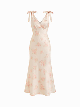Satin V Neck Floral Mermaid Maxi Dress with Shoulder Bowknot