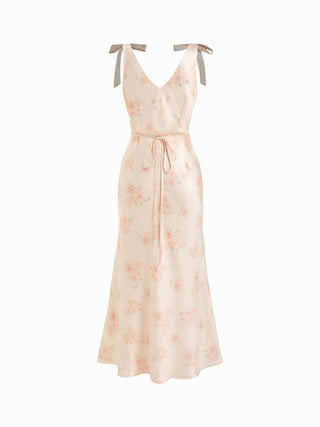Satin V Neck Floral Mermaid Maxi Dress with Shoulder Bowknot