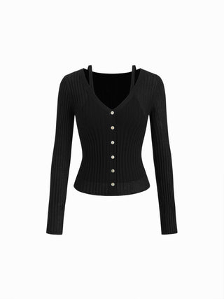 Knit V-neck Button Through Long Sleeve Top