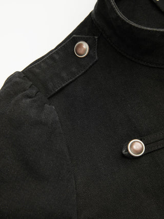 Denim Stand Collar Washed Metal Detail Crop Blouse