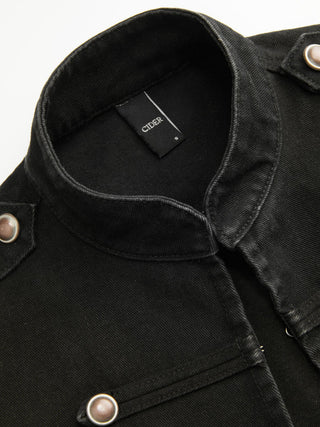 Denim Stand Collar Washed Metal Detail Crop Blouse
