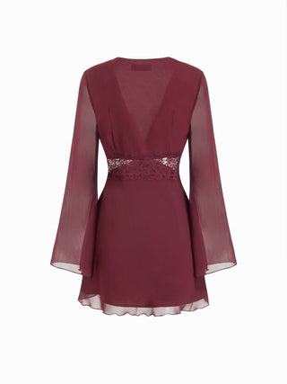 Chiffon V-neck Long Sleeve See-through Lace Trim Mini Dress