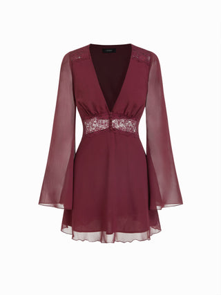 Chiffon V-neck Long Sleeve See-through Lace Trim Mini Dress
