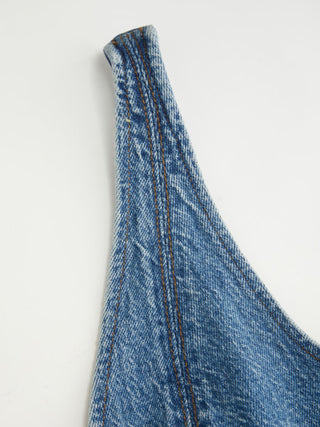 Stretch Denim Mid Rise Scoop Neckline Metal Detail Wide Leg Jumpsuit