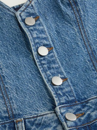 Stretch Denim Mid Rise Scoop Neckline Metal Detail Wide Leg Jumpsuit