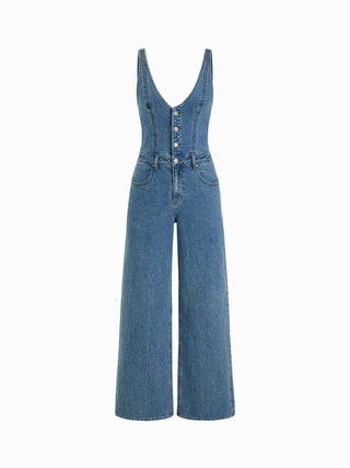 Stretch Denim Mid Rise Scoop Neckline Metal Detail Wide Leg Jumpsuit