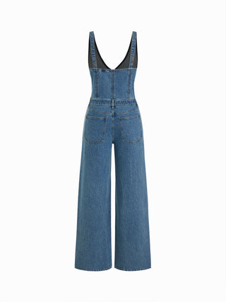 Stretch Denim Mid Rise Scoop Neckline Metal Detail Wide Leg Jumpsuit