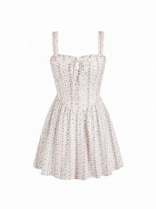 Cotton-blend Ditsy Floral Square Neck Ruffled Flared Mini Dress