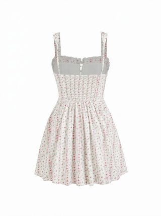 Cotton-blend Ditsy Floral Square Neck Ruffled Flared Mini Dress