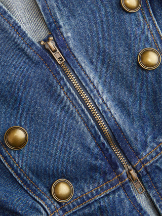 Washed Denim V-neck Metal Detail Zip Through Vest
