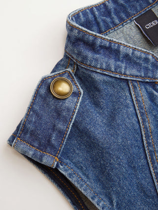 Washed Denim V-neck Metal Detail Zip Through Vest