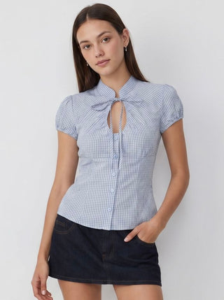 Cotton-blend Gingham Stand Collar Puff Sleeve Bowknot Cut Out Blouse