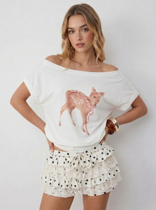 Cotton-blend Deer & Bowknot Graphic Asymmetrical Neck Tee