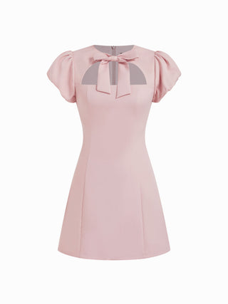 Cut Out Bowknot Puff Sleeve A-line Mini Dress
