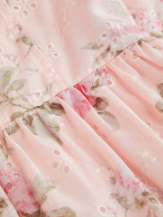 Eyelet Floral Sweetheart Neck Shirred Flared Midi Dress