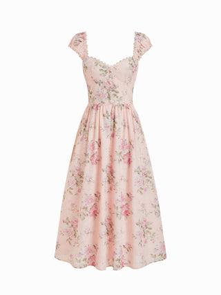 Eyelet Floral Sweetheart Neck Shirred Flared Midi Dress