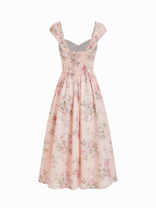 Eyelet Floral Sweetheart Neck Shirred Flared Midi Dress