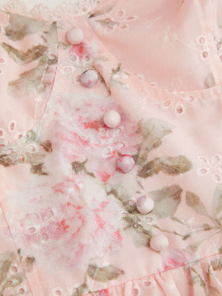 Eyelet Floral Sweetheart Neck Shirred Flared Midi Dress
