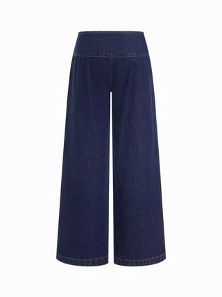 Denim Low Rise Washed Button Detail Wide Leg Jeans