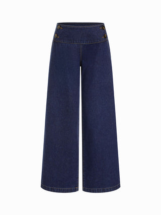Denim Low Rise Washed Button Detail Wide Leg Jeans
