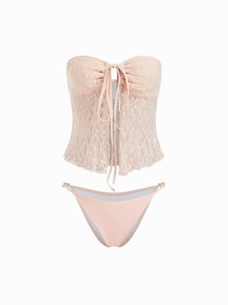 Lace Halter Neck Ruched Three-Piece Bikini Set With Maxi Skirt