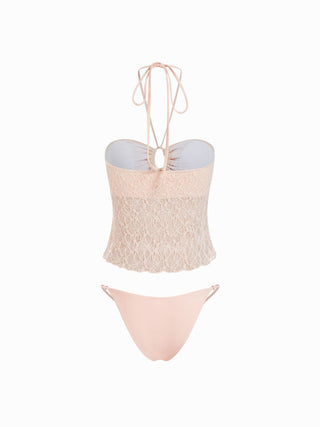 Lace Halter Neck Ruched Three-Piece Bikini Set With Maxi Skirt