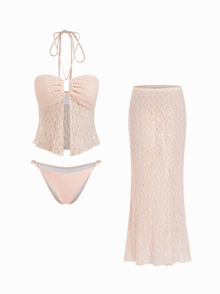 Lace Halter Neck Ruched Three-Piece Bikini Set With Maxi Skirt
