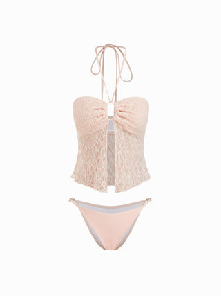 Lace Halter Neck Ruched Three-Piece Bikini Set With Maxi Skirt
