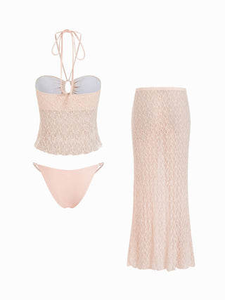 Lace Halter Neck Ruched Three-Piece Bikini Set With Maxi Skirt