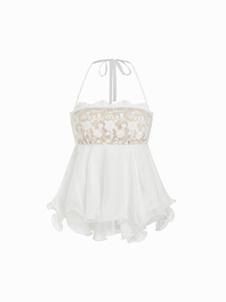 Chiffon Lace Square Neck Ruffle Hem Shirred Cami Blouse