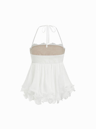Chiffon Lace Square Neck Ruffle Hem Shirred Cami Blouse