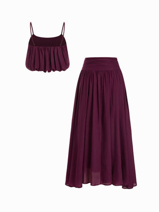 Chiffon Bubble Hem Crop Cami Top & Mid Rise Maxi Skirt Set