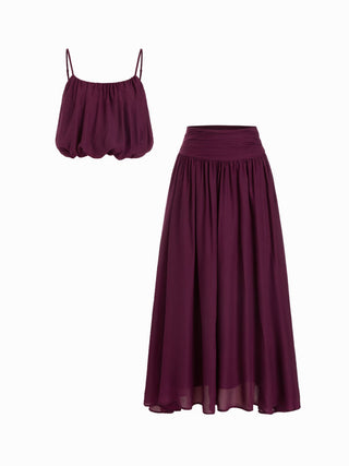 Chiffon Bubble Hem Crop Cami Top & Mid Rise Maxi Skirt Set