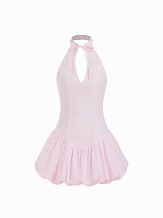 Cotton-blend Halter Neckline Bowknot Cut Out Bubble Hem Mini Dress