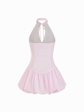 Cotton-blend Halter Neckline Bowknot Cut Out Bubble Hem Mini Dress