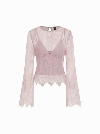 Lace Scalloped Hem Bell Sleeve Top & V-Neck Cami Top