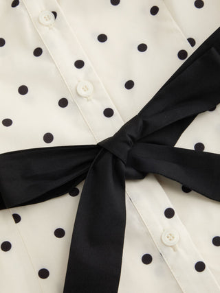 Cotton Polka Dot Puff Sleeve Bowknot Blouse with Belt