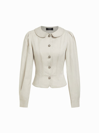 Peter Pan Collar Puff Sleeve Stitch Metal Detail Cotton-blend Jacket