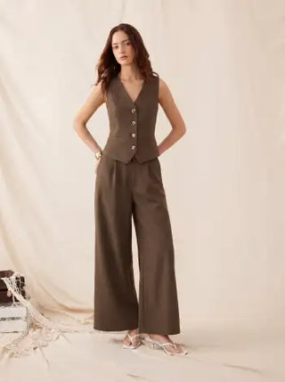 Woven V-neck Metal Button Pocket Wide Leg Jumpsuit For Work