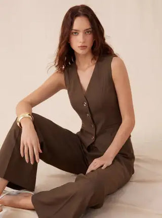 Woven V-neck Metal Button Pocket Wide Leg Jumpsuit For Work