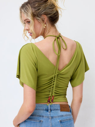 V-neck Ruffle Sleeve Ruched Halter Top