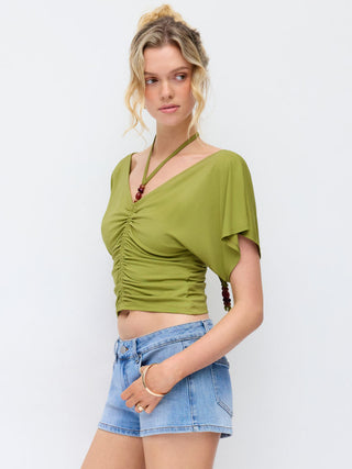 V-neck Ruffle Sleeve Ruched Halter Top