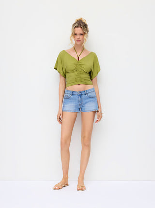 V-neck Ruffle Sleeve Ruched Halter Top