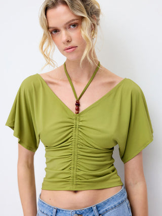 V-neck Ruffle Sleeve Ruched Halter Top