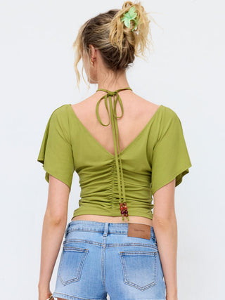 V-neck Ruffle Sleeve Ruched Halter Top