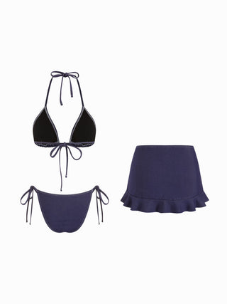 Cotton-blend Halter Neckline Triangle Tie Side Bikini Set With Ruffle Skirt
