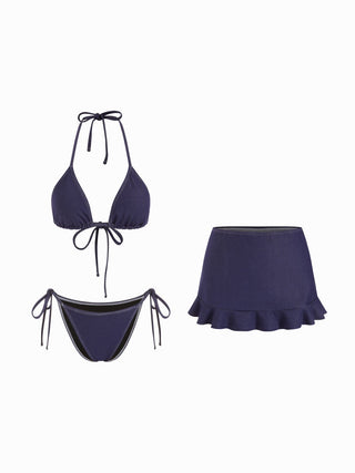 Cotton-blend Halter Neckline Triangle Tie Side Bikini Set With Ruffle Skirt