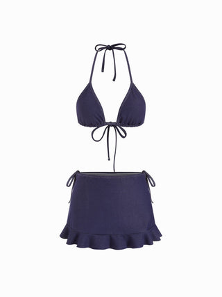 Cotton-blend Halter Neckline Triangle Tie Side Bikini Set With Ruffle Skirt